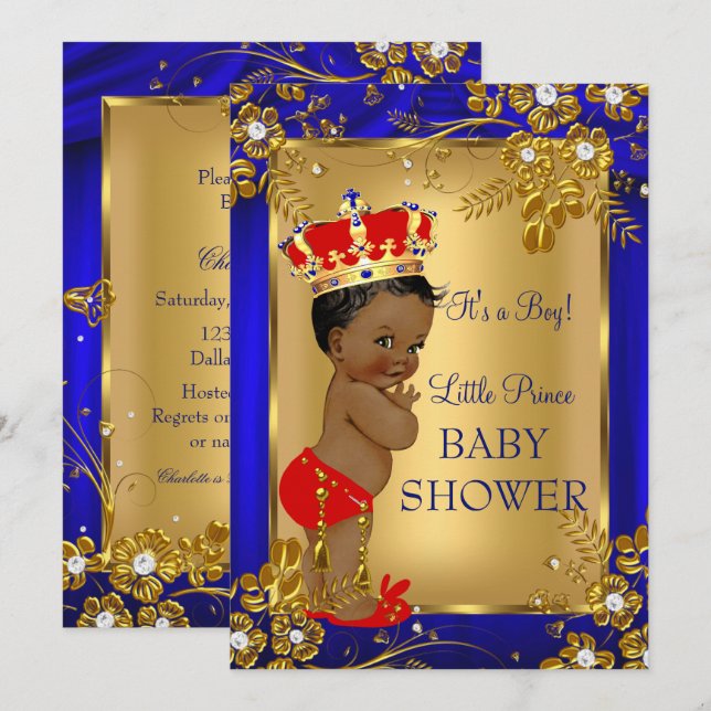 Convites Chuva de Bebê Príncipe Afro-Americano Dourado Verm (Frente/Verso)