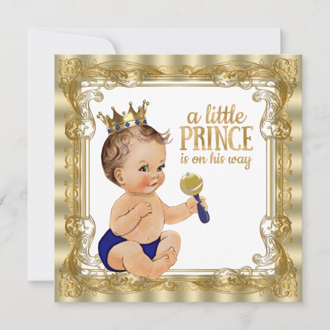 Convites Chuva de Bebê Príncipe Azul Dourado (Frente)