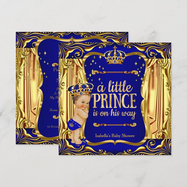 Convites Chuva de Bebê Príncipe Azul Dourado Príncipe Moren (Frente/Verso)