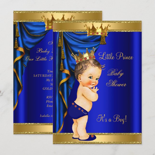 Convites Chuva de Bebê Príncipe Azul Dourado Vermelho Moren (Frente/Verso)