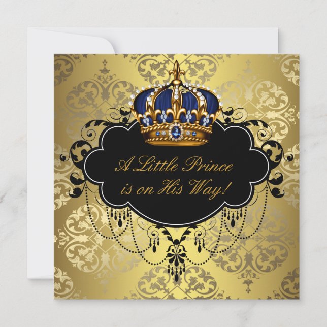 Convites Chuva de Bebe Príncipe Azul Marinho Preto Dourado (Frente)