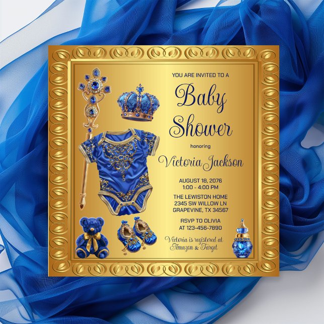 Convites Chuva de Bebê Príncipe Azul Real Dourado (Celebrate your little prince with  our royal blue and gold royal essentials baby shower invitation!)
