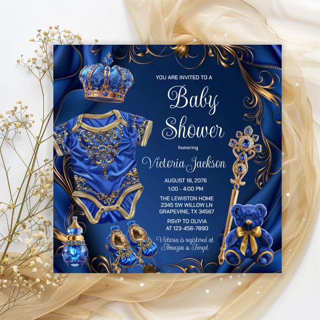 Convites Chuva de Bebê Príncipe Azul Real Dourado (Adorable baby prince things on an elegant royal blue and gold background. Fit for a Prince!)
