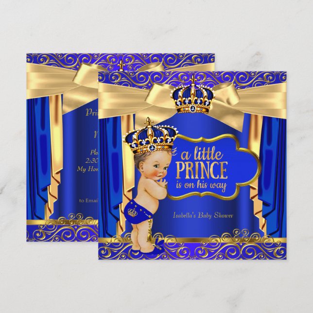 Convites Chuva de Bebê Príncipe Azul Real Dourado Brunette (Frente/Verso)