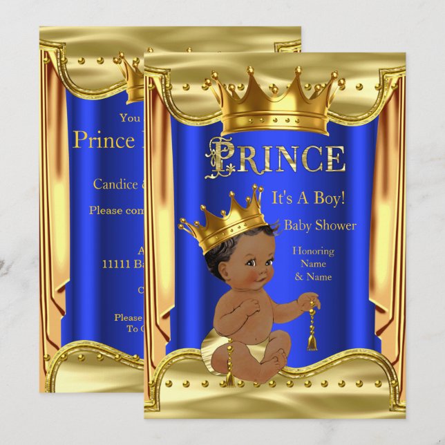 Convites Chuva de Bebe Príncipe Azul Real Dourado Étnico (Frente/Verso)