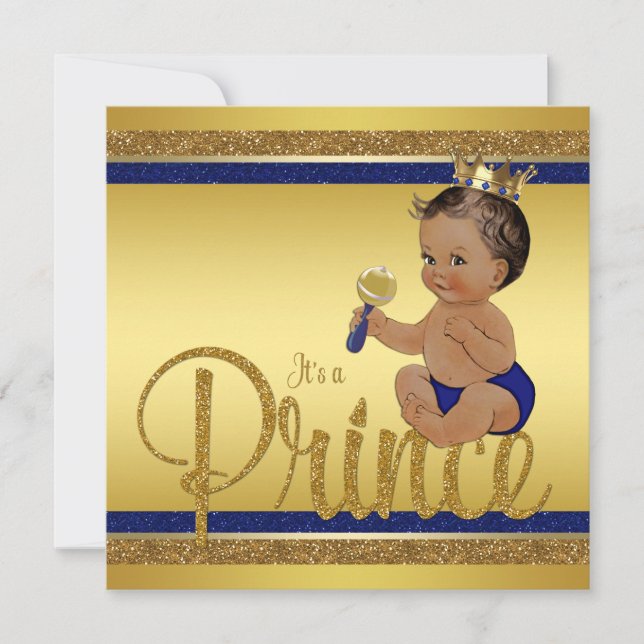 Convites Chuva de Bebê Príncipe Azul Royal Dourado Brilhant (Frente)