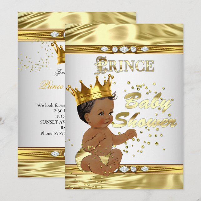 Convites Chuva de Bebê Príncipe Branco Dourado Etno (Frente/Verso)