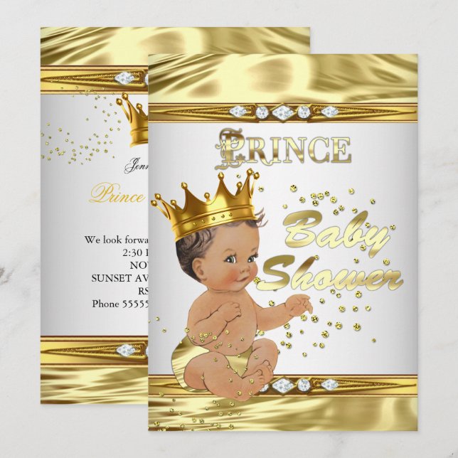 Convites Chuva de Bebê Príncipe Branco Dourado Folha Morena (Frente/Verso)