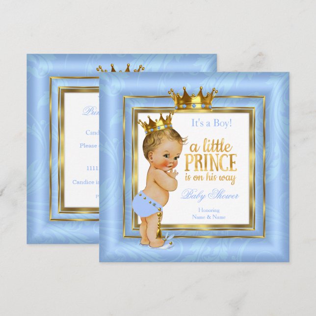 Convites Chuva de Bebê Príncipe Coroa Azul Branco Dourado P (Frente/Verso)