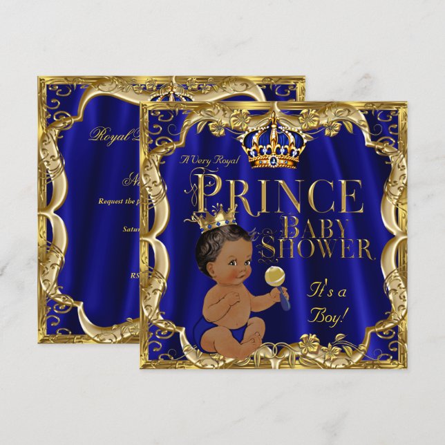 Convites Chuva de Bebe Príncipe Coroa Dourada Azul Real Étn (Frente/Verso)