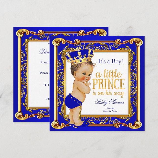 Convites Chuva de Bebê Príncipe Damasco Azul Dourado Morena (Frente/Verso)