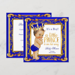 Convites Chuva de Bebê Príncipe Damasco Azul Dourado Morena