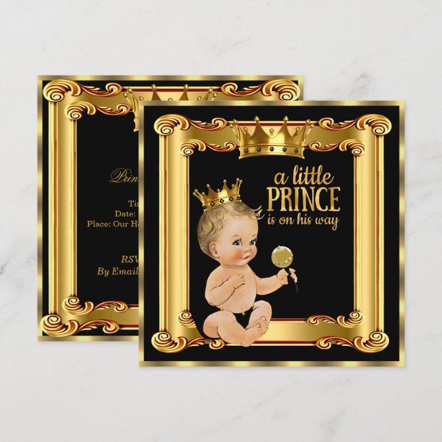 Convites Chuva de Bebê Príncipe Dourado Falso Folha Preto L (Frente/Verso)