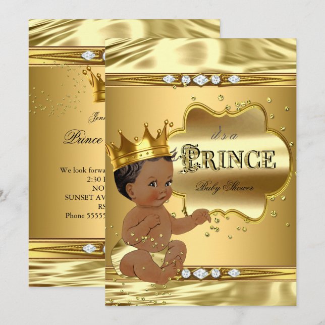 Convites Chuva de Bebê Príncipe Dourado Folheado a Ouro Men (Frente/Verso)