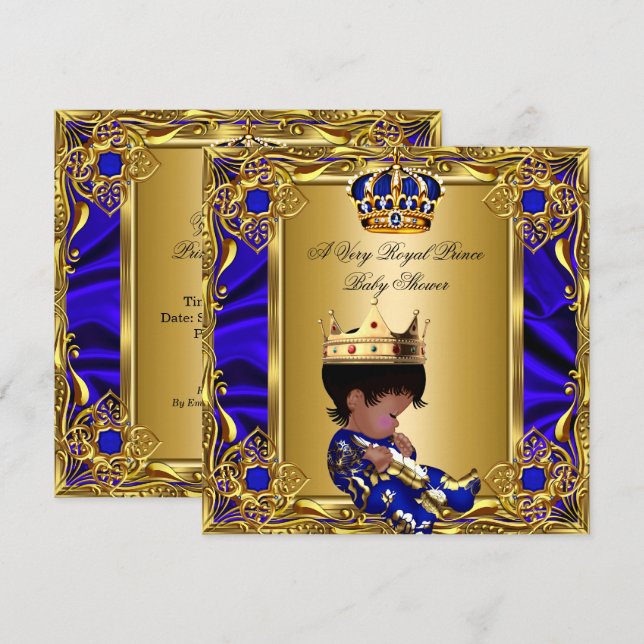 Convites Chuva de Bebê Príncipe Dourado Real Azul Menino (Frente/Verso)