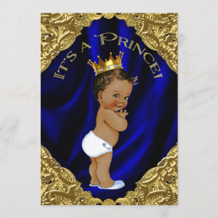 Convites Chuva de Bebê Príncipe Étnico Azul e Dourado