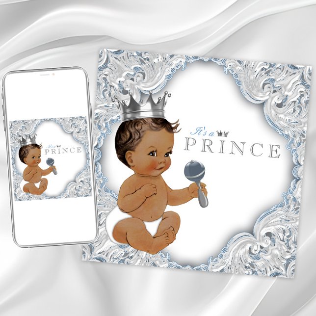 Convites Chuva de Bebê Príncipe Étnico Azul e Prata (Baby blue and silver baby shower invitation. Instant download and printed invitations available.)