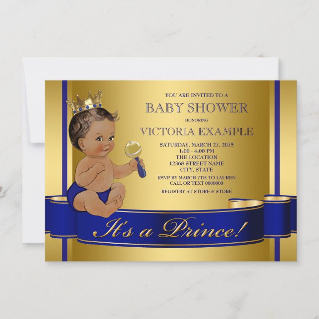 Convites Chuva de Bebê Príncipe Étnico Azul Real Dourado (Frente)
