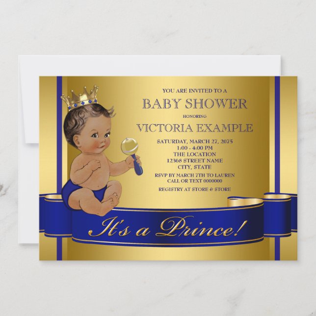 Convites Chuva de Bebê Príncipe Étnico Azul Real Dourado (Frente)