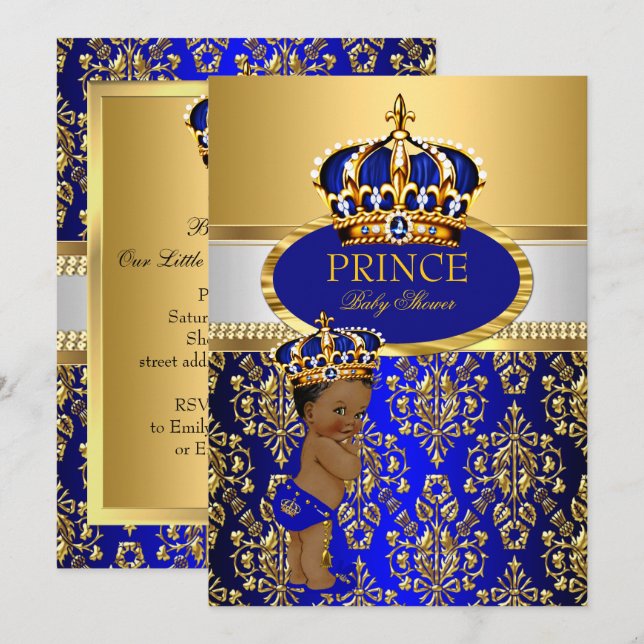 Convites Chuva de Bebe Príncipe Étnico Coroa Azul Real (Frente/Verso)