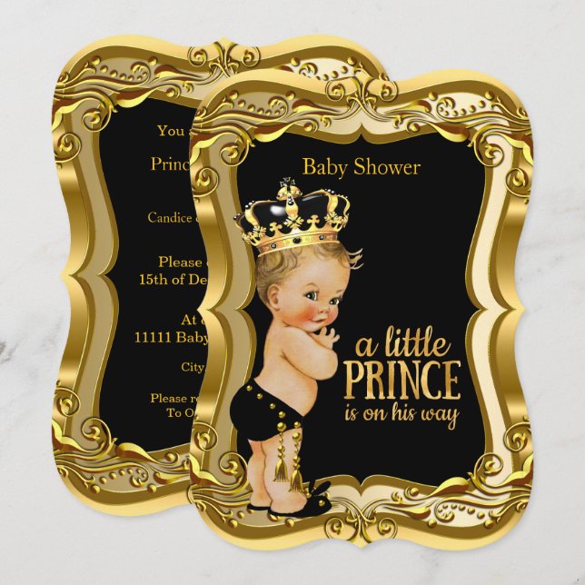 Convites Chuva de Bebe Príncipe Loirinho Preto Dourado (Frente/Verso)