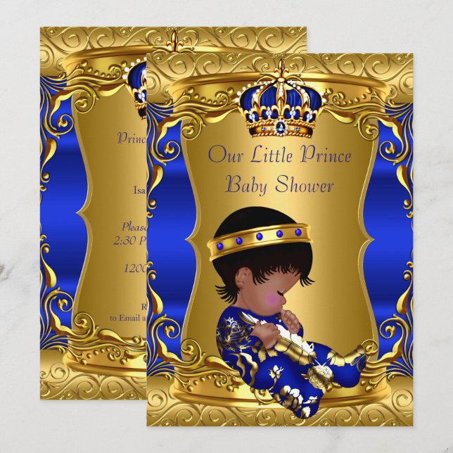 Convites Chuva de Bebê Príncipe Menino Azul Dourado Afro-Am (Frente/Verso)