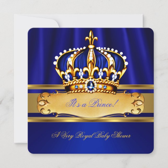 Convites Chuva de Bebê Príncipe Menino Azul Real Dourado (Frente)