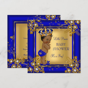 Convites Chuva de Bebê Príncipe Menino Dourado Azul Afro-Am