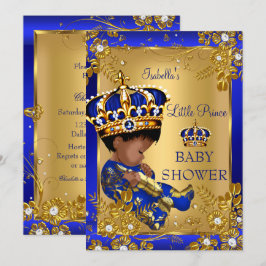 Convites Chuva de Bebê Príncipe Menino Dourado Azul Coroa É