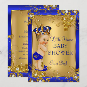Convites Chuva de Bebê Príncipe Menino Dourado Azul Floral