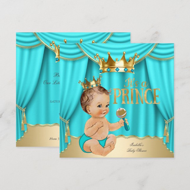 Convites Chuva de Bebê Príncipe Morena Coroa Azul Ouro Aqua (Frente/Verso)