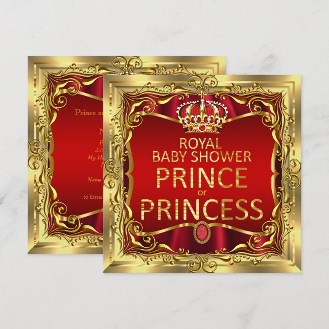 Convites Chuva de Bebê Príncipe ou Princesa Vermelho Dourad (Frente/Verso)