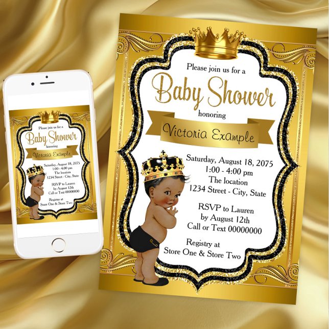 Convites Chuva de Bebê Príncipe Preto e Dourado Afro-Americ (Instant Download Black Gold Prince Baby Shower Invitation. Printed invitations available.)