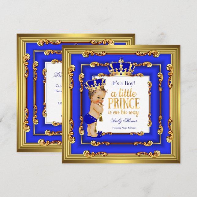 Convites Chuva de Bebê Príncipe Quadro Azul Royal Dourado M (Frente/Verso)