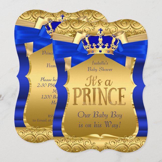 Convites Chuva de Bebê Príncipe Real Azul Dourado Arco Meni (Frente/Verso)