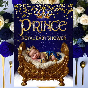Convites Chuva de Bebê Príncipe Real Azul Dourado Cama Glit