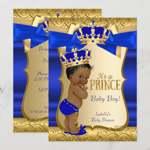 Convites Chuva de Bebe Príncipe Real Azul Dourado Damask Ét