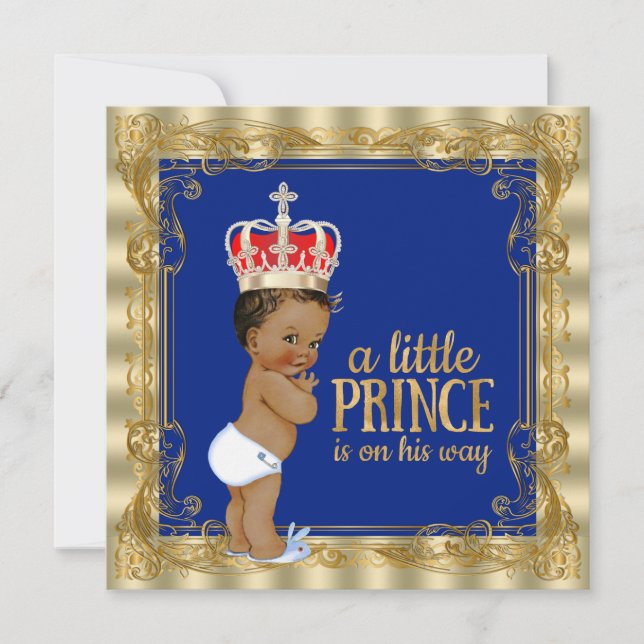 Convites Chuva de Bebê Príncipe Real Azul Étnico Dourado (Frente)