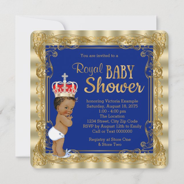 Convites Chuva de Bebê Príncipe Real Azul Étnico Dourado (Verso)