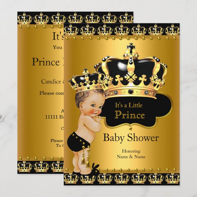 Convites Chuva de Bebe Príncipe Real Preto Dourado Morena (Frente/Verso)