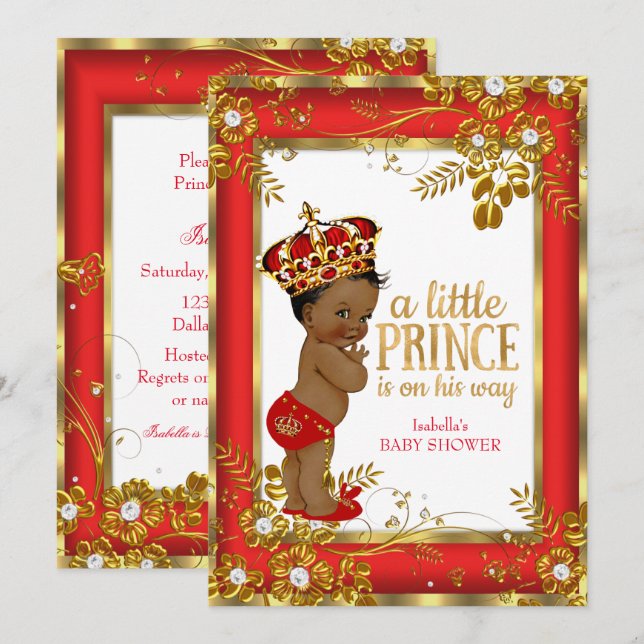Convites Chuva de Bebê Príncipe Vermelho Dourado Branco Étn (Frente/Verso)