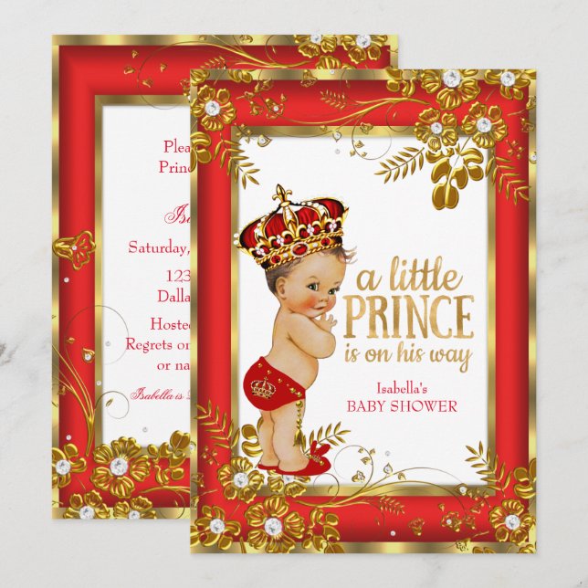 Convites Chuva de Bebê Príncipe Vermelho Dourado Branco Mor (Frente/Verso)