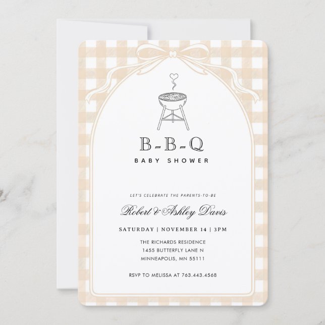 Convites Chuva de Bebê Q Bebê Xadrez Laço Elegante (Frente)