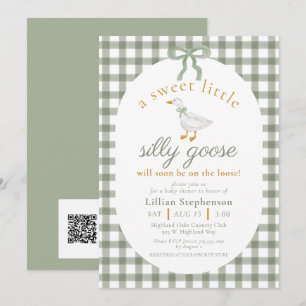 Convites Chuva de Bebê QR Code Silly Goose Green Gingham