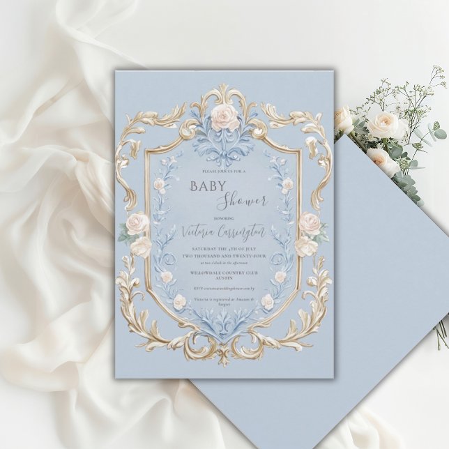 Convites Chuva de Bebê Quadro Dourado Floral Azul Elegante (Criador carregado)