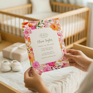 Convites Chuva de Bebê Quadro Floral Laranja Rosa Colorido