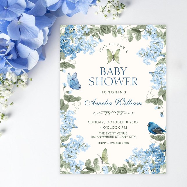 Convites Chuva de bebê ramagem floral azul borboletas pássa (Criador carregado)