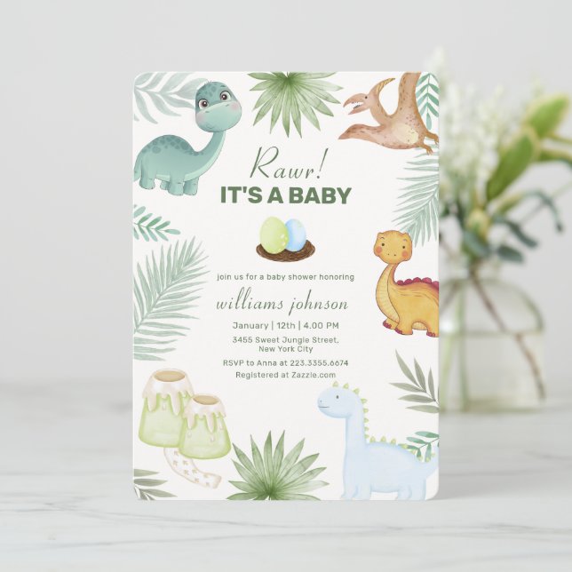 Convites Chuva de Bebê Rawr Vulcão Tropical Dinosaur  (Em pé/Frente)