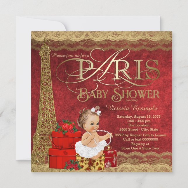 Convites Chuva de Bebê Red Gold Paris (Frente)