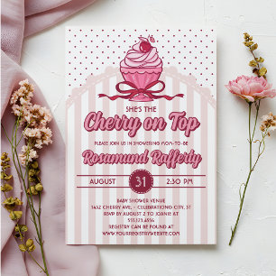 Convites Chuva de Bebê Retro Coquette Cereja no Topo Menina
